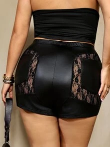 SHEIN CURVE+ Plus Size Sheer Lace Patchwork PU Black Ultra Short Shorts, Holiday Party, Christmas - Black - View 2
