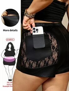 SHEIN CURVE+ Plus Size Sheer Lace Patchwork PU Black Ultra Short Shorts, Holiday Party, Christmas - Black - View 1