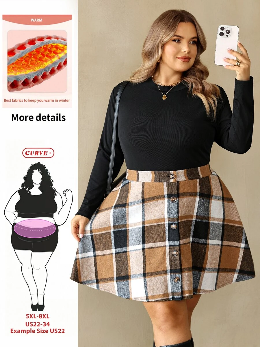 SHEIN CURVE+ Plus Size Solid Color Round Neck Top And Plaid Print Skirt Two Pieces Set, Christmas Winter - Multicolor - View 1
