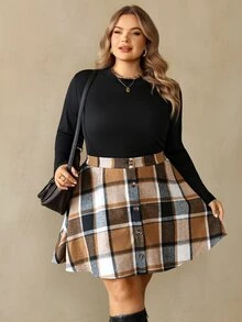 SHEIN CURVE+ Plus Size Solid Color Round Neck Top And Plaid Print Skirt Two Pieces Set, Christmas Winter - Multicolor - View 5