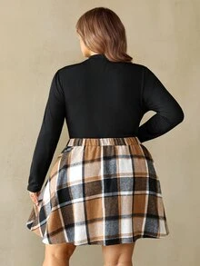 SHEIN CURVE+ Plus Size Solid Color Round Neck Top And Plaid Print Skirt Two Pieces Set, Christmas Winter - Multicolor - View 2