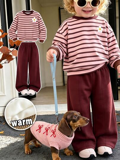 Vintage Sweet Maillard Brown & Dark Red Colorblock Sporty Striped, Parent-Child Outfit, Baby Girl Casual Soft Thick Long Sleeve Crew Neck Pullover Sweatshirt & Wide Leg Pants Set, Suitable For Autumn/Winter, Street Retro Style, Relaxed & Comfortable, Kids Autumn Layering, Y2K, Sportswear, Outing, Street Style, Chill