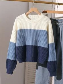 女童針織套頭毛衣，圓領，杏色、卡其色、咖啡色、條紋，設計感，柔軟針織，極簡風，可疊穿，外套，適合秋冬，休閒，長袖，適合外出、派對、拍照、玩耍 - 彩色 - 查看 3