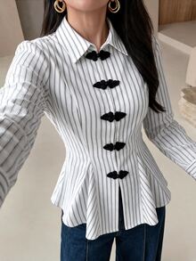 Rue Lumi Women's French Elegant Office Chinese Style Frog Button Woven Blue And White Stripe Waist-Cinching Long Sleeve Shirt,Autumn Brunch - White - View 5