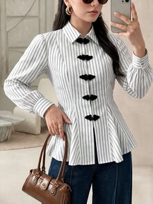 Rue Lumi Women's French Elegant Office Chinese Style Frog Button Woven Blue And White Stripe Waist-Cinching Long Sleeve Shirt,Autumn Brunch - White - View 7