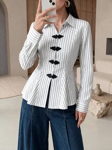 Rue Lumi Women's French Elegant Office Chinese Style Frog Button Woven Blue And White Stripe Waist-Cinching Long Sleeve Shirt,Autumn Brunch - White - View 6