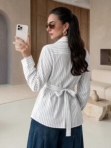 Rue Lumi Women's French Elegant Office Chinese Style Frog Button Woven Blue And White Stripe Waist-Cinching Long Sleeve Shirt,Autumn Brunch - White - View 3