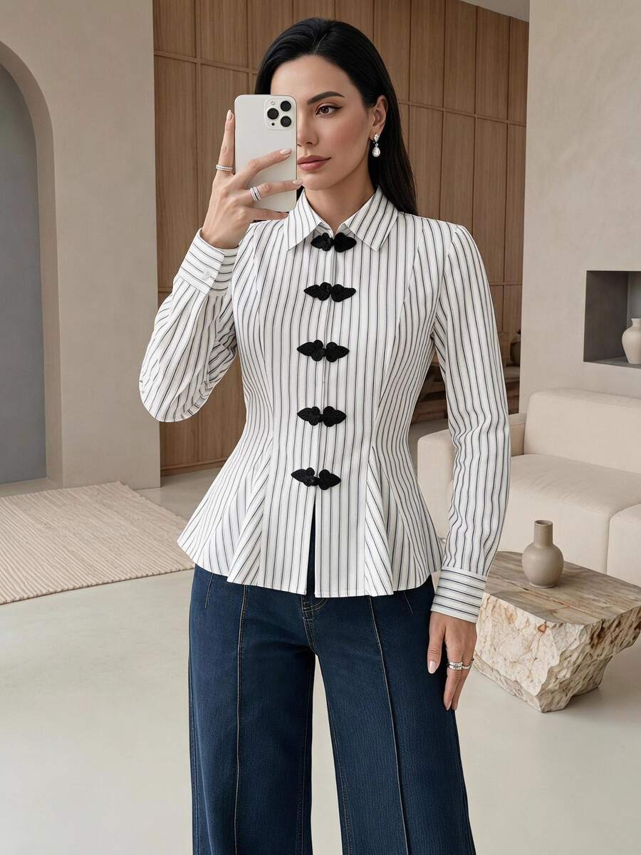 Rue Lumi Women's French Elegant Office Chinese Style Frog Button Woven Blue And White Stripe Waist-Cinching Long Sleeve Shirt,Autumn Brunch