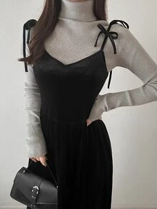FRIFUL Women's Vintage Fashion Lace-Up Layered Dress, Preppy Style Fall - Black - View 4