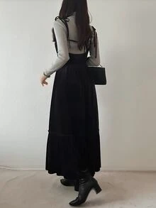 FRIFUL Women's Vintage Fashion Lace-Up Layered Dress, Preppy Style Fall - Black - View 2