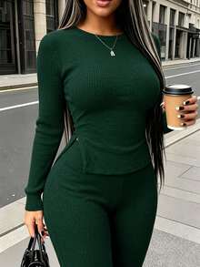 Rovax Casual Comfortable Fitted Long Sleeve Top Leggings 2 Pieces Set Brunch Brown Autumn - Dark Green - View 3