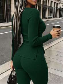 Rovax Casual Comfortable Fitted Long Sleeve Top Leggings 2 Pieces Set Brunch Brown Autumn - Dark Green - View 2