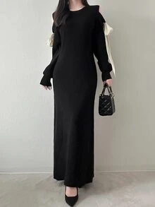 FRIFUL Women's Bow Decor Casual Party Knit Dress - Black - View 4