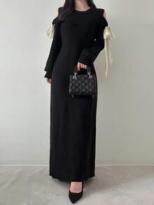 FRIFUL Women's Bow Decor Casual Party Knit Dress - Black - View 7