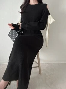 FRIFUL Women's Bow Decor Casual Party Knit Dress - Black - View 3