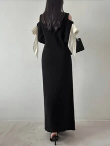 FRIFUL Women's Bow Decor Casual Party Knit Dress - Black - View 2