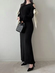 FRIFUL Women's Bow Decor Casual Party Knit Dress - Black - View 5