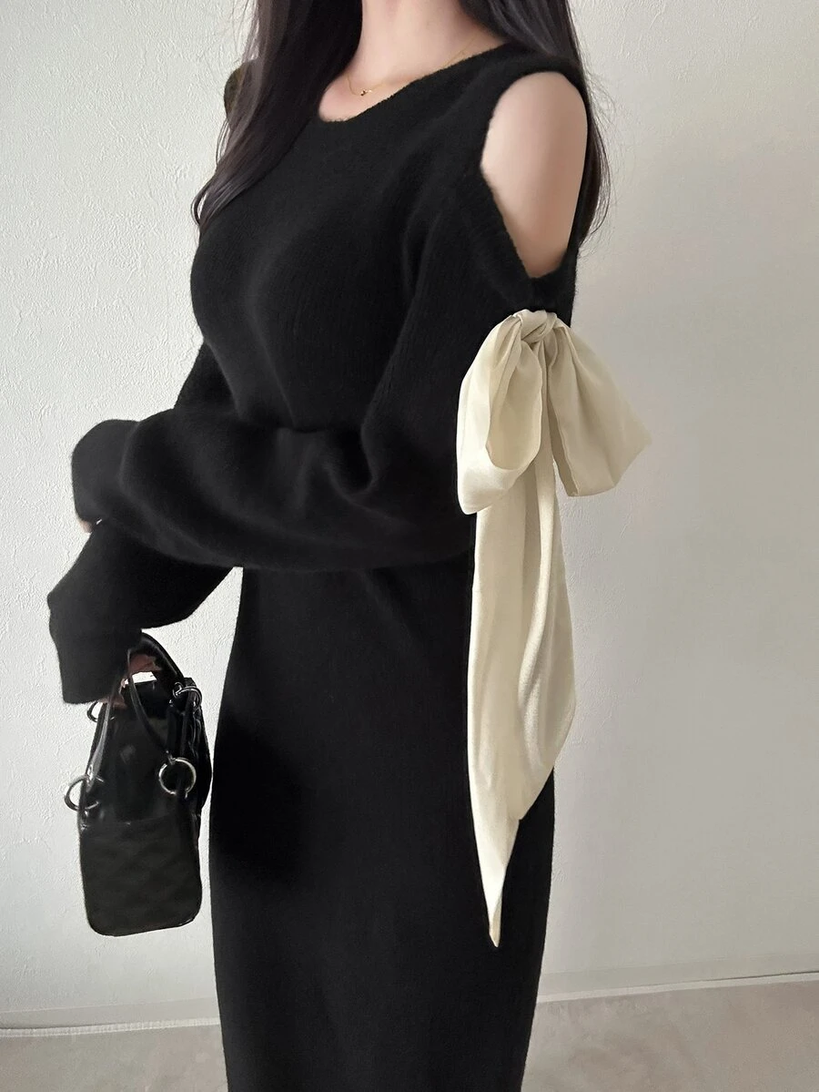 FRIFUL Women's Bow Decor Casual Party Knit Dress - Black - View 1