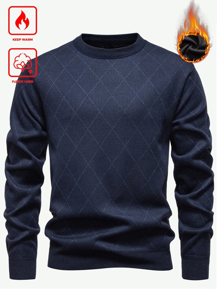 Manfinity CasualKnits Men's Casual Round Neck Diamond Pattern Thermal Lined Sweater, Autumn/Winter - Beige - View 1