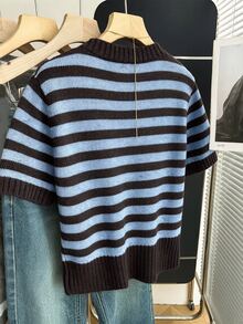 SHEIN Franclia 新款春夏韓系簡約休閒寬鬆條紋拼色女款針織上衣 - 棕色 - 查看 2