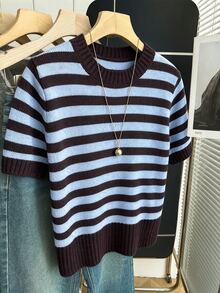 SHEIN Franclia 新款春夏韓系簡約休閒寬鬆條紋拼色女款針織上衣 - 棕色 - 查看 5