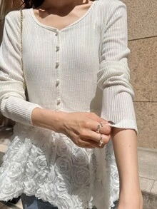 FRIFUL Women's Solid Color Round Neck Long Sleeve 3D Floral Decor Hem T-Shirt - Beige - View 6