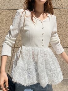FRIFUL Women's Solid Color Round Neck Long Sleeve 3D Floral Decor Hem T-Shirt - Beige - View 4