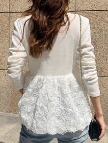 FRIFUL Women's Solid Color Round Neck Long Sleeve 3D Floral Decor Hem T-Shirt - Beige - View 2