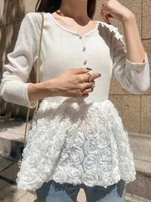 FRIFUL Women's Solid Color Round Neck Long Sleeve 3D Floral Decor Hem T-Shirt - Beige - View 5