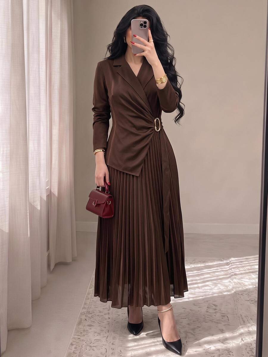 Modelyn Women's Solid Color Elegant Blazer Collar Pleated Dress Office Dinner Dark Brown Fall - Coffee Brown - View 1