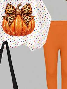 Tween Girls 2 Pcs Halloween Pumpkin Polka Dot Glitter Bow Print Crew Neck Sweatshirt & Leggings Set, Fall Outfits - Multicolor - View 7
