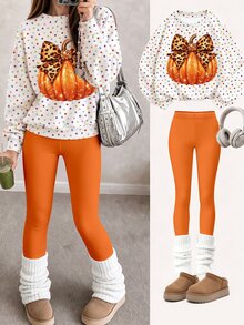 Tween Girls 2 Pcs Halloween Pumpkin Polka Dot Glitter Bow Print Crew Neck Sweatshirt & Leggings Set, Fall Outfits - Multicolor - View 3