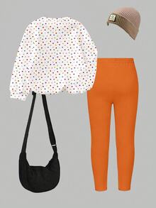 Tween Girls 2 Pcs Halloween Pumpkin Polka Dot Glitter Bow Print Crew Neck Sweatshirt & Leggings Set, Fall Outfits - Multicolor - View 2