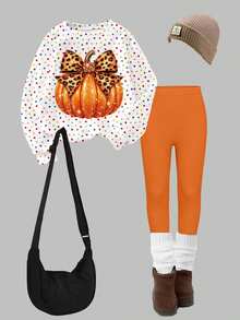 Tween Girls 2 Pcs Halloween Pumpkin Polka Dot Glitter Bow Print Crew Neck Sweatshirt & Leggings Set, Fall Outfits - Multicolor - View 4