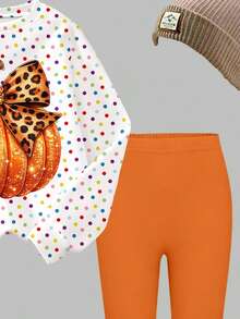 Tween Girls 2 Pcs Halloween Pumpkin Polka Dot Glitter Bow Print Crew Neck Sweatshirt & Leggings Set, Fall Outfits - Multicolor - View 6
