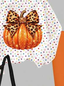 Tween Girls 2 Pcs Halloween Pumpkin Polka Dot Glitter Bow Print Crew Neck Sweatshirt & Leggings Set, Fall Outfits - Multicolor - View 5