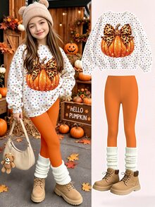 Tween Girls 2 Pcs Halloween Pumpkin Polka Dot Glitter Bow Print Crew Neck Sweatshirt & Leggings Set, Fall Outfits - Multicolor - View 1