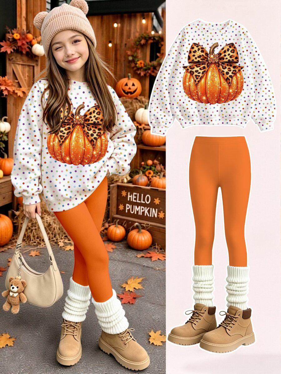 Tween Girls 2 Pcs Halloween Pumpkin Polka Dot Glitter Bow Print Crew Neck Sweatshirt & Leggings Set, Fall Outfits - Multicolor - View 1