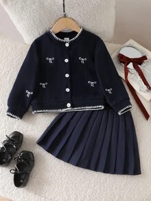 女童 2 件套棕色蝴蝶結刺繡針織開襟衫與百褶裙套裝，秋季校服風格服飾包，蝴蝶結生日款 - 寶藍色 - 查看 9