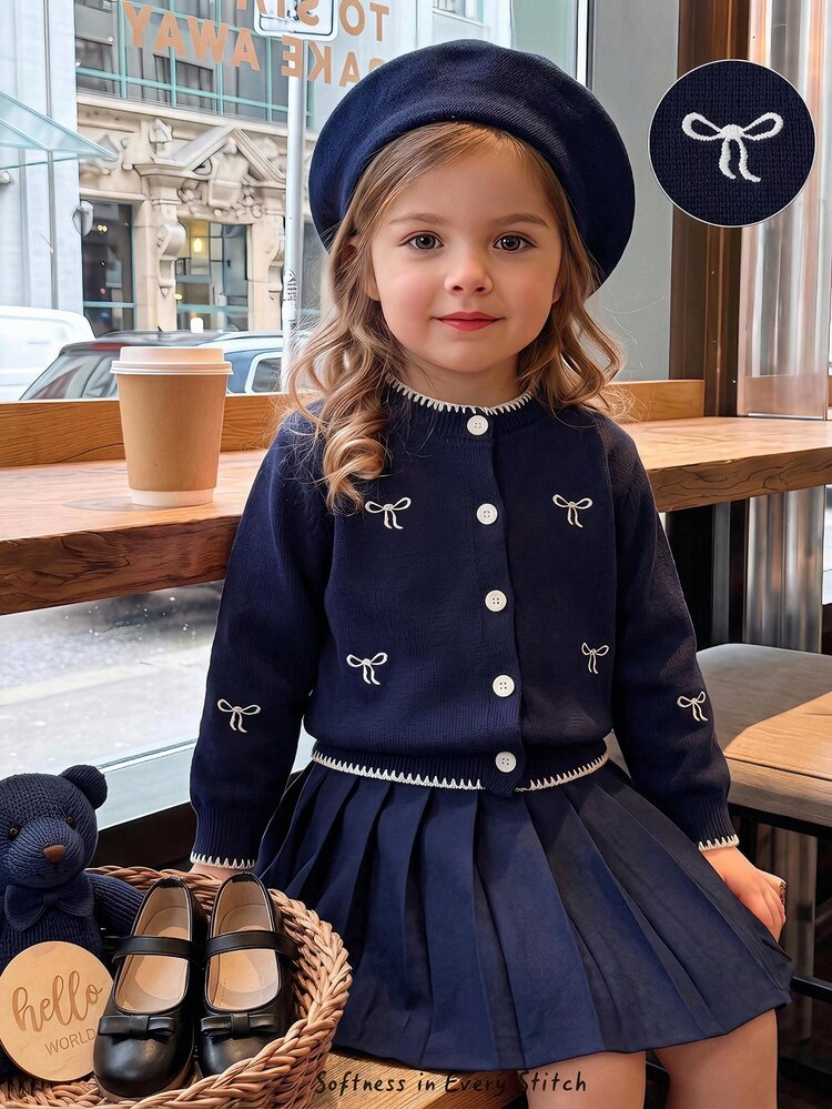 Young Girls 2pcs Set Brown Bowknot Embroidery Sweaters Cardigan Pleated Skirt Outfits School Uniform For Fall Style Clothing Pack,Bow Birthday - Royal Blue - View 3