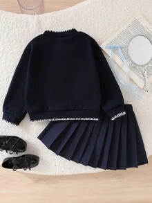 女童 2 件套棕色蝴蝶結刺繡針織開襟衫與百褶裙套裝，秋季校服風格服飾包，蝴蝶結生日款 - 寶藍色 - 查看 2