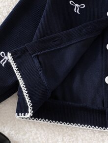 女童 2 件套棕色蝴蝶結刺繡針織開襟衫與百褶裙套裝，秋季校服風格服飾包，蝴蝶結生日款 - 寶藍色 - 查看 5