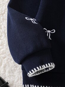 女童 2 件套棕色蝴蝶結刺繡針織開襟衫與百褶裙套裝，秋季校服風格服飾包，蝴蝶結生日款 - 寶藍色 - 查看 6
