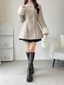 FRIFUL Women's Double-Breasted Patchwork Fur Cuff Elegant Autumn/Winter Jacket - Khaki - View 4
