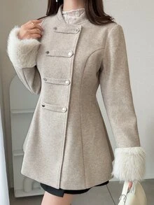 FRIFUL Women's Double-Breasted Patchwork Fur Cuff Elegant Autumn/Winter Jacket - Khaki - View 5