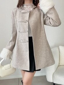 FRIFUL Women's Double-Breasted Patchwork Fur Cuff Elegant Autumn/Winter Jacket - Khaki - View 9