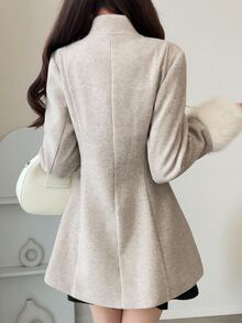 FRIFUL Women's Double-Breasted Patchwork Fur Cuff Elegant Autumn/Winter Jacket - Khaki - View 2