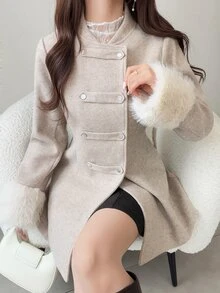 FRIFUL Women's Double-Breasted Patchwork Fur Cuff Elegant Autumn/Winter Jacket - Khaki - View 3