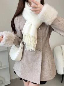 FRIFUL Women's Double-Breasted Patchwork Fur Cuff Elegant Autumn/Winter Jacket - Khaki - View 6