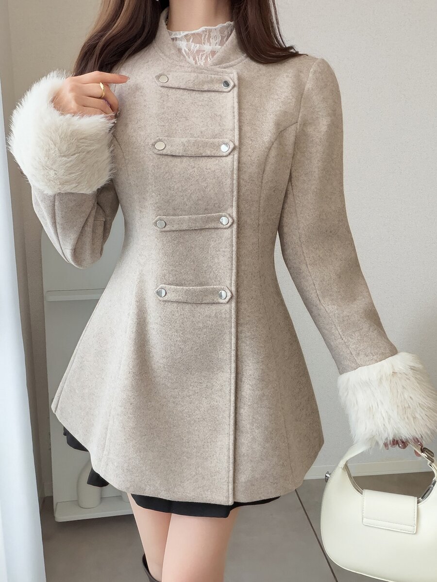 FRIFUL Women's Double-Breasted Patchwork Fur Cuff Elegant Autumn/Winter Jacket - Khaki - View 1